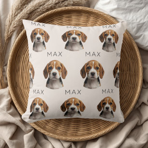 Coussin Motif personnalisé de photo et nom de chien beige