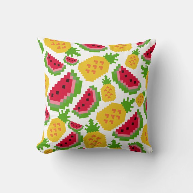 Coussin Motif Pixel de Pastèque et Ananas Tropical (Recto)