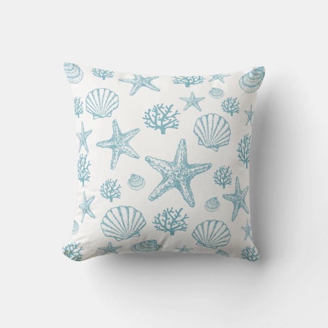 Coussin Motif plage coquillage étoile de mer sarcelle (Recto)