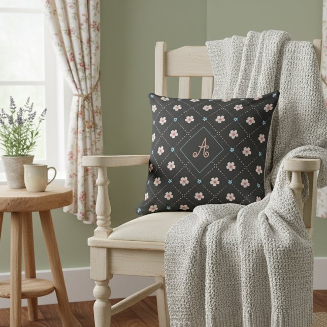 Coussin Motif Plaid Rose Et Bleu Sur Noir (Créateur téléchargé)