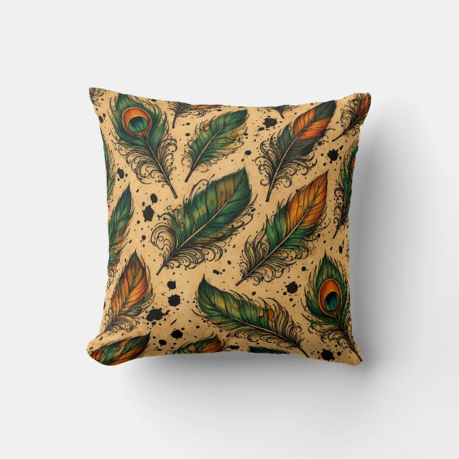 Coussin Motif Plumes de Paon Bohème  (Recto)