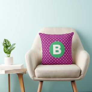 Coussin Motif pois violet monogramme vert
