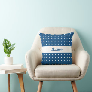 Coussin Motif Polka blanc classique en bleu avec nom