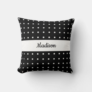Coussin Motif Polka blanc classique sur noir avec nom