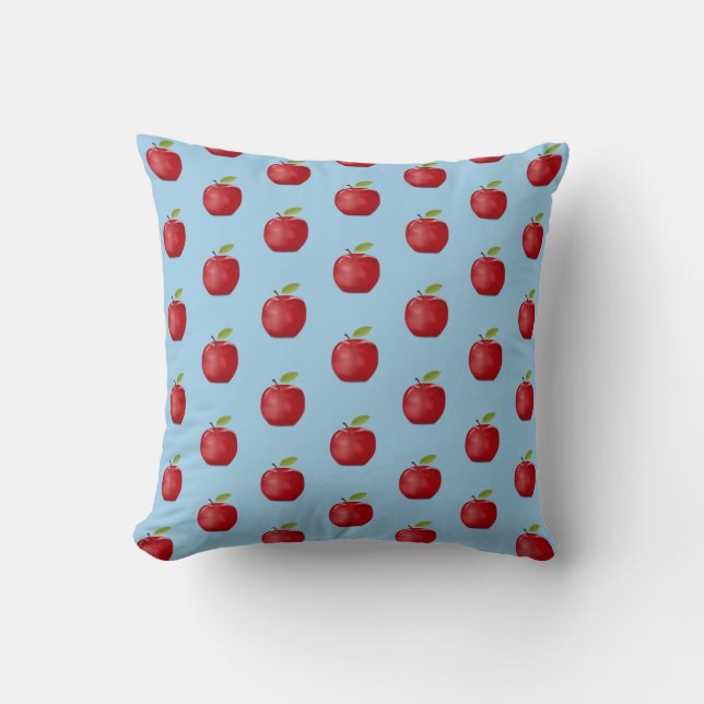 Coussin Motif Pomme Rouge sur Bleu Ciel Clair (Recto)