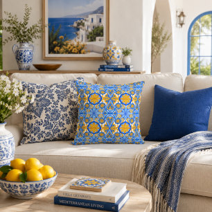 Coussin Motif Portugais Bleu Jaune Méditerranéen