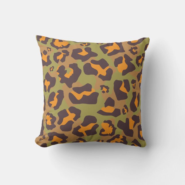 Coussin Motif poster de animal léopard orange, vert, brun (Recto)