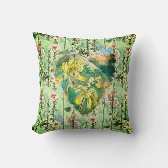 Coussin Motif Primula jaune et Hollyhocks rose (Recto)