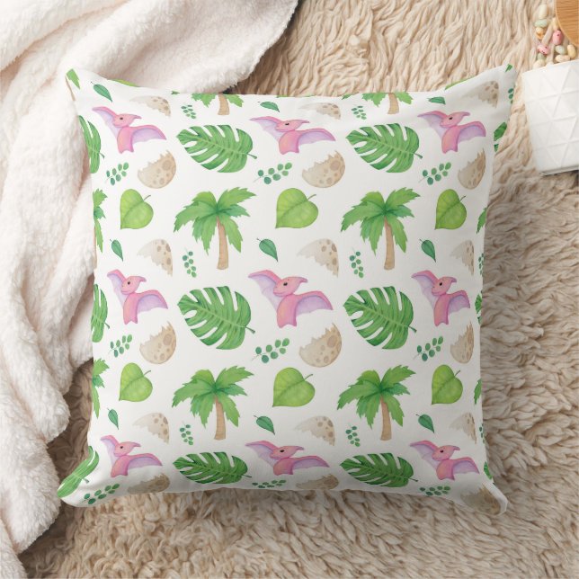 Coussin Motif Ptérodactyle Rose et Feuillage Tropical (Couverture)