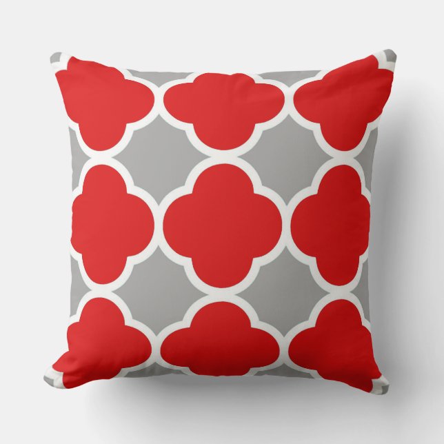 Coussin Motif quatrefeuille rouge et gris (Recto)