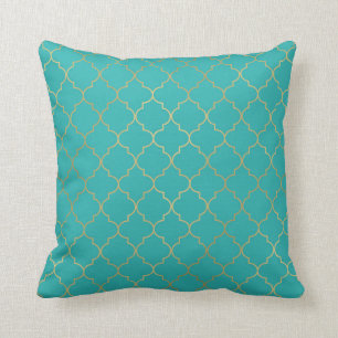 Coussin Motif Quatrefeuilles Turquoise et Or