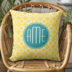 Coussin Motif Quatrefoil jaune Turquoise monogramme person