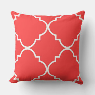 Coussin Motif Quatrefoil Large Rouge Corail Blanc