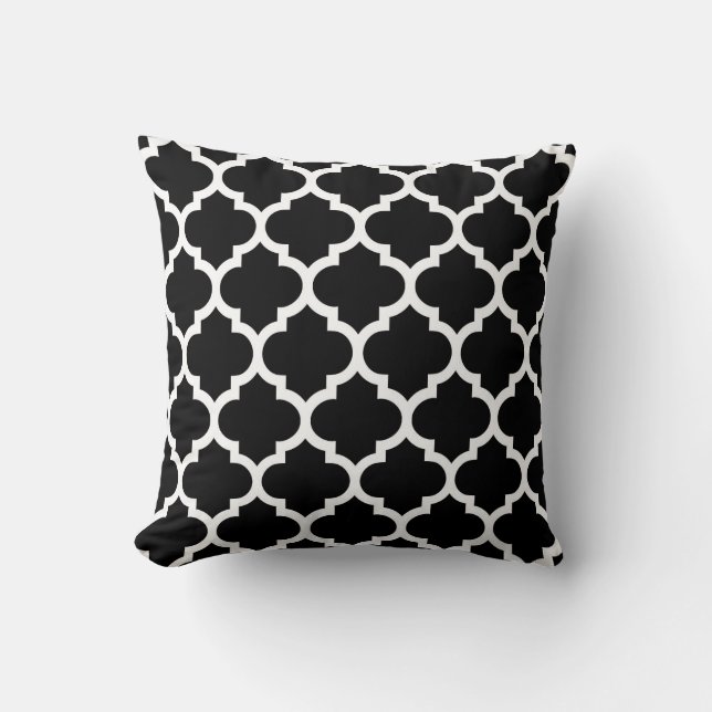 Coussin Motif Quatrefoil Marocain Noir Blanc #5 (Recto)