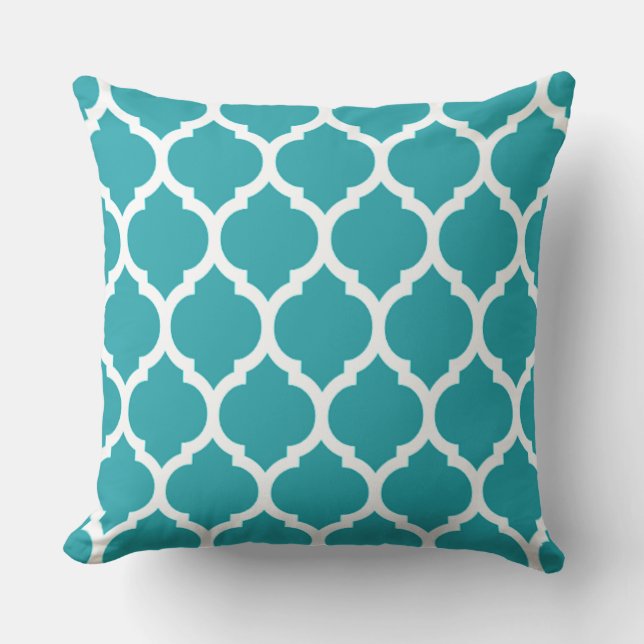 Coussin Motif Quatrefoil Marocain Turquoise et Blanc (Recto)