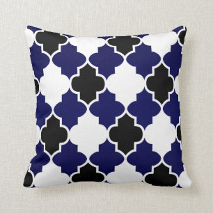 Coussin Motif Quatrefoil noir et blanc sur bleu Navy