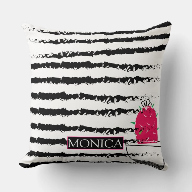 Coussin Motif rayé Cactus rose monogramme (Recto)