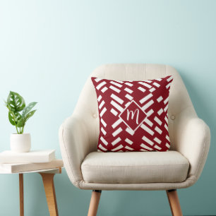 Coussin Motif rayé diagonal minimaliste rouge, monogramme