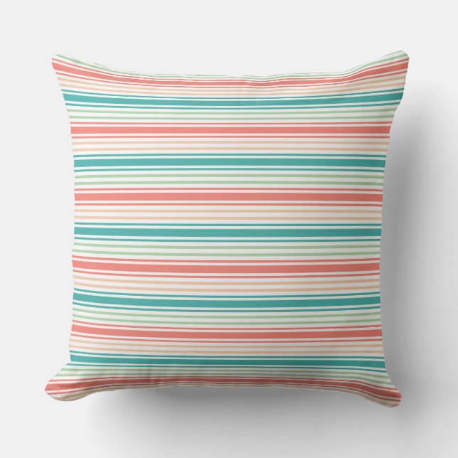 Coussin  Motif rayé élégant : sarcelle, corail et blanc (Recto)