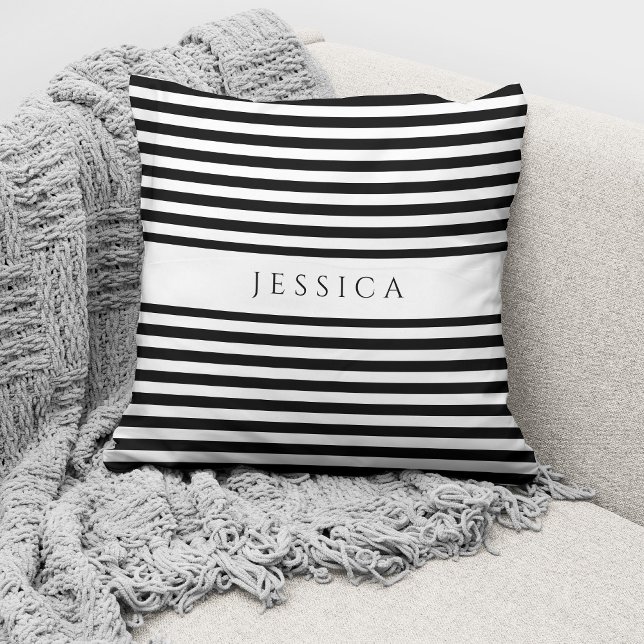 Coussin Motif rayé noir et blanc moderne Nom (Créateur téléchargé)