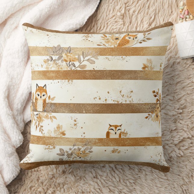 Coussin Motif rayé Renard et Hibou de la Forêt Dorée (Couverture)