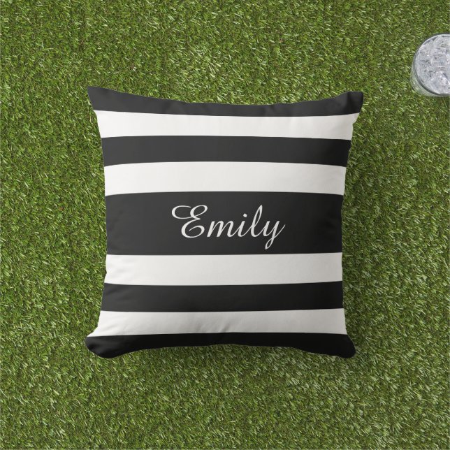 Coussin Motif Rayures Noires Et Blanches Gras Votre Nom (Herbe)