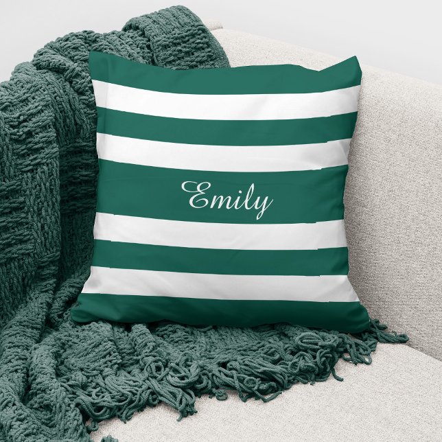 Coussin Motif rayures vertes et blanches Monogramme Nom  (Créateur téléchargé)
