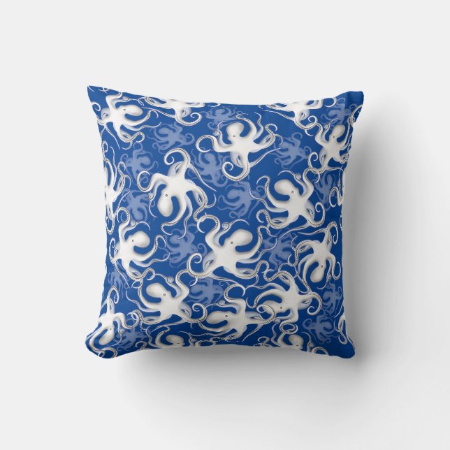 Coussin Motif Répétition Blanc Et Bleu | Motif de pieuvre (Recto)