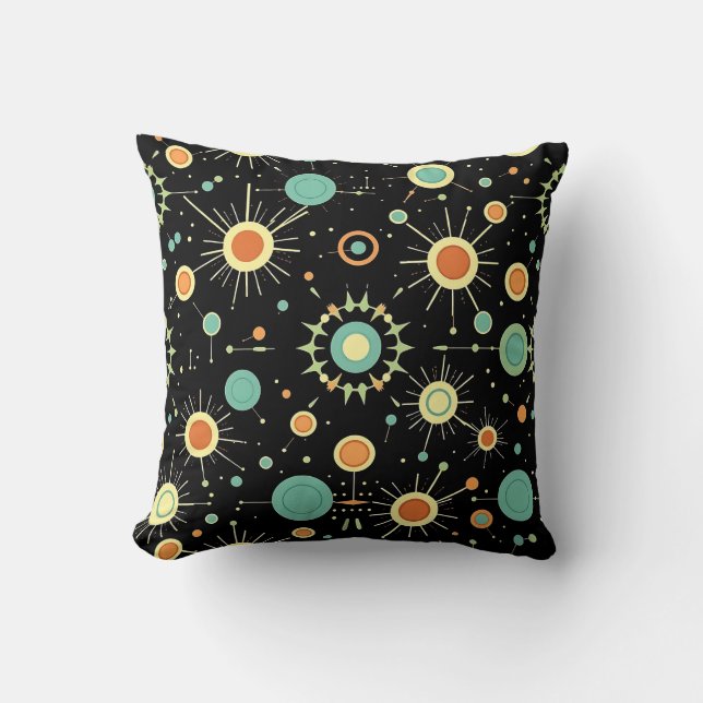 Coussin Motif Rétro Atomique en Explosion Milieu du Siècle (Recto)
