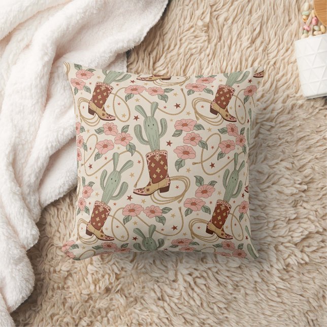Coussin Motif rétro boho western désert cactus et floral (Couverture)