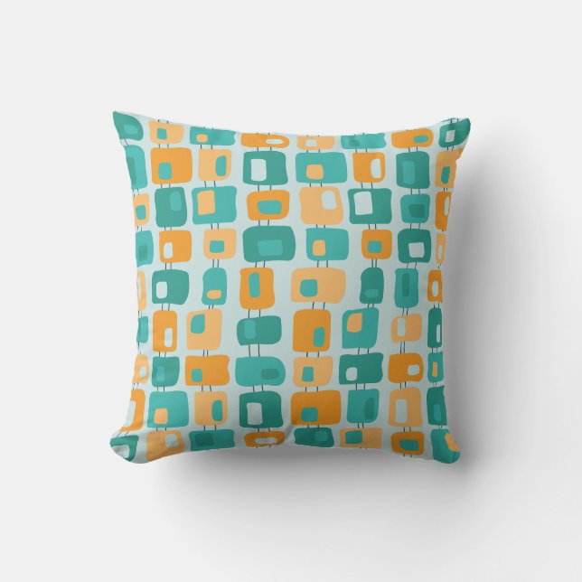 Coussin Motif Rétro Funky Squares Aqua, Sarcelle, Orange (Recto)