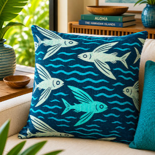 Coussin Motif Rétro Hawaïen Poisson Volant Vagues Océaniqu