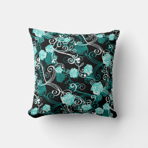Coussin Motif Rose Black Turquoise & White