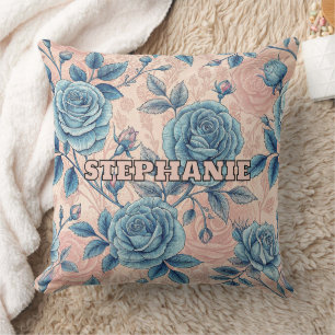 Coussin Motif Rose bleu rétro sur Arrière - plan rose doux
