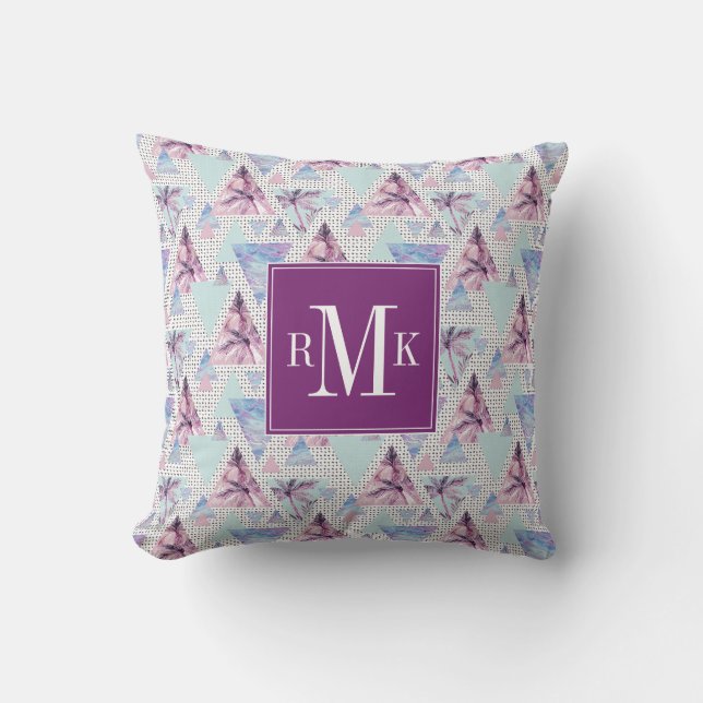 Coussin Motif rose et bleu d'aquarelle de palmier (Recto)
