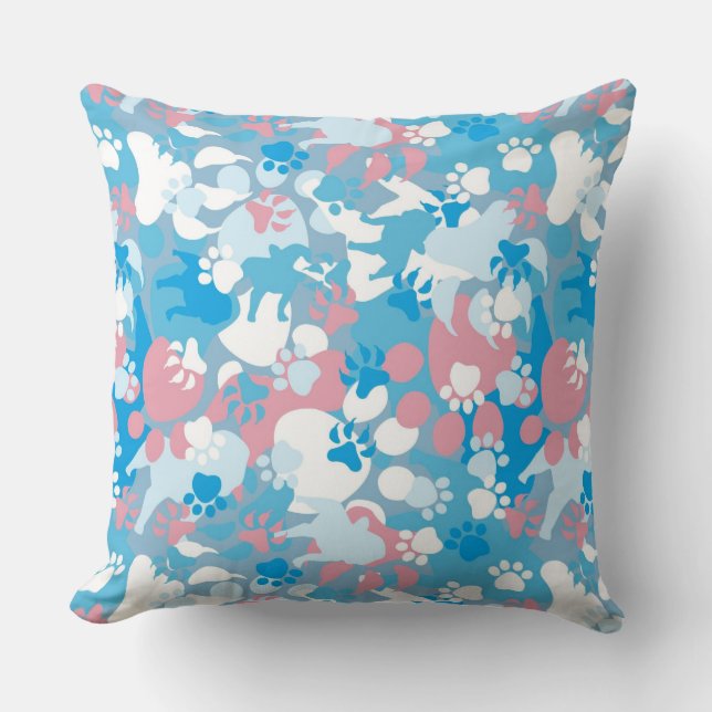 Coussin Motif rose et bleu de chien de camouflage (Recto)
