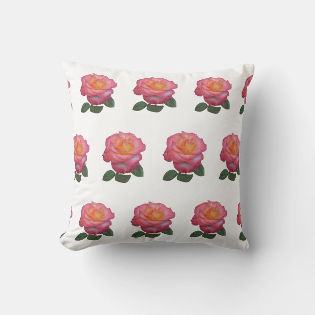 Coussin Motif Rose Rose sur Blanc (Recto)
