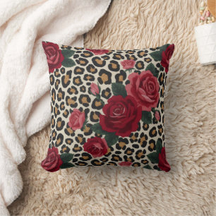 Coussin Motif Roses Rouges Léopard