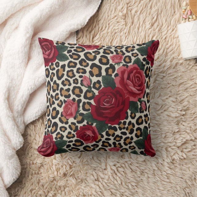 Coussin Motif Roses Rouges Léopard (Couverture)