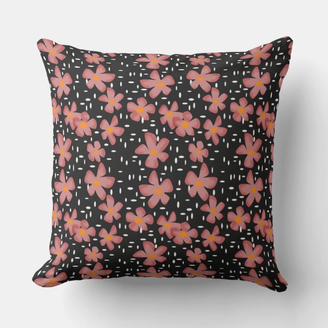 Coussin Motif rustique avec fleurs de corail sur un noir (Recto)