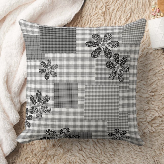 Coussin Motif rustique en patchwork noir et blanc rétro (Couverture)