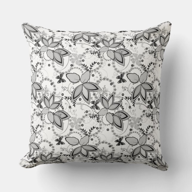 Coussin Motif rustique floral rétro noir et blanc  (Recto)