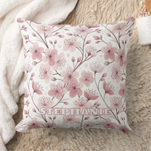 Coussin Motif Sakura en fleurs de cerises roses sur blanc