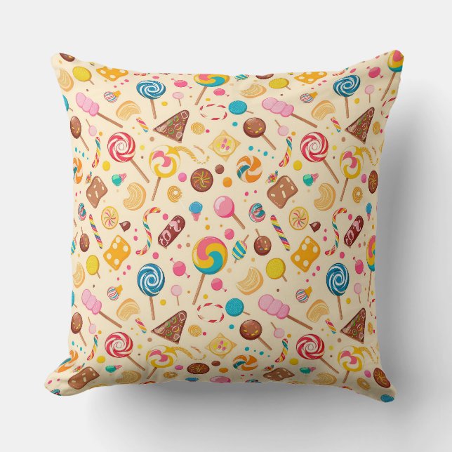 Coussin Motif sans couture avec bonbons, lollipopes, beige (Recto)