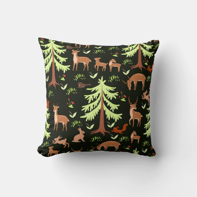 Coussin Motif sans couture avec cerfs dans la forêt. (Recto)