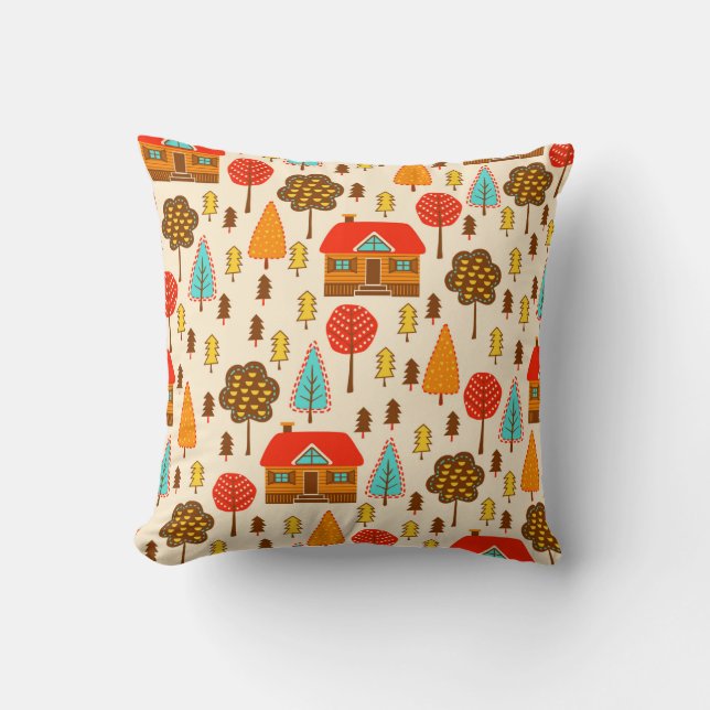 Coussin Motif sans couture avec maisons dans la forêt. Vin (Recto)
