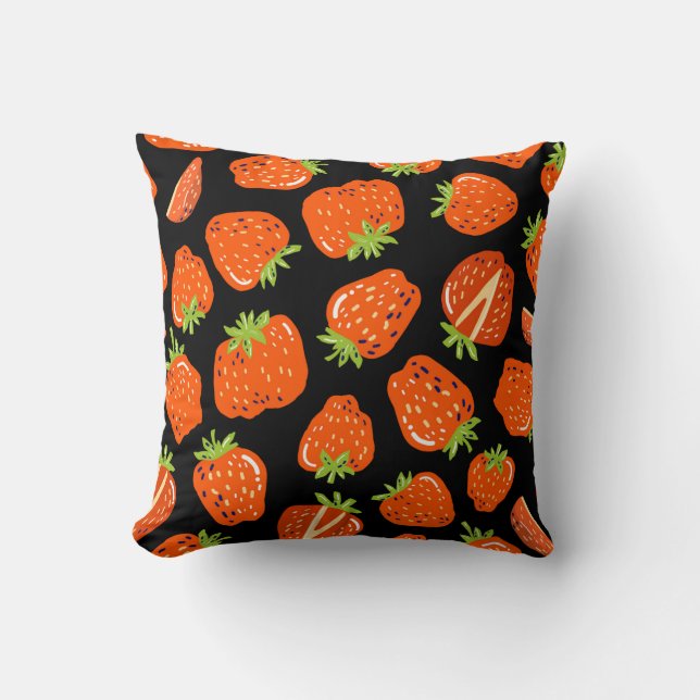 Coussin Motif sans couture avec petites fraises sur noir (Recto)