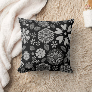 Coussin Motif sans couture d'art floral rétro noir et gris