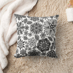 Coussin Motif sans couture d'art floral rétro noir gris bl