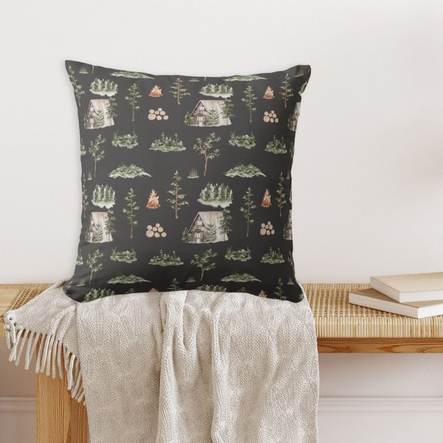 Coussin Motif sans couture de cabane en forêt à l'aquarell (In situ)